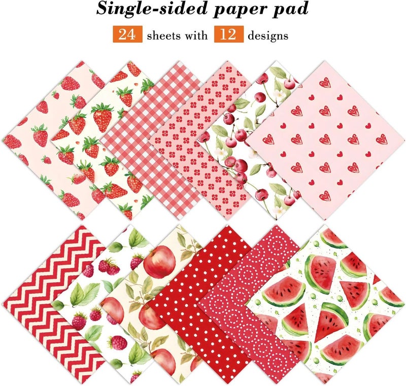 EAMOTOL Fruit Scrapbook Paper Pad, 24 Sheets 6 x6 Inch Red Patterned Designed Decorative Decoupage for Card Making Folded Card Supplies Gift Wrapping Planners Journals DIY Crafts Photo Album - Image 3